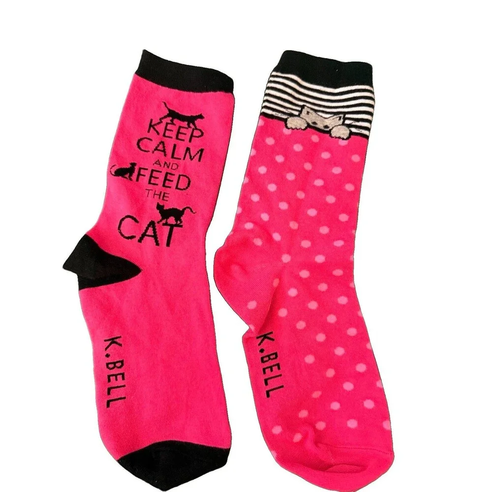 K Bell Womens Cat Crew Socks Lot 2 Pink Novelty Kitty Shoe Size 4-10 New